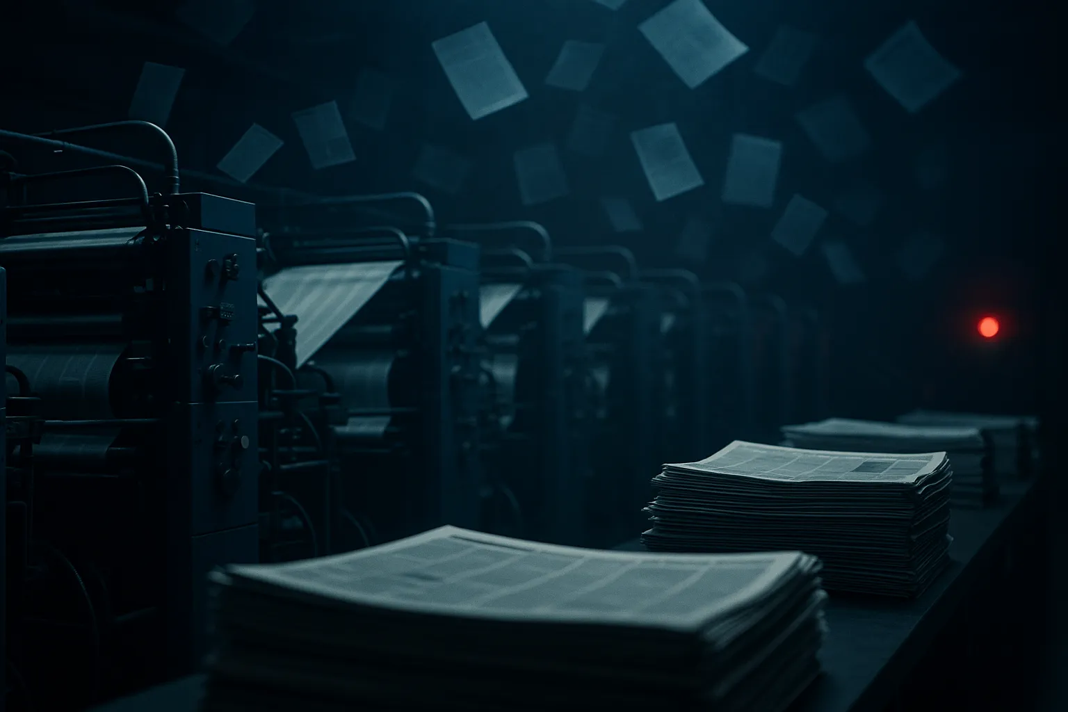 Newspaper printing presses with ghostly file folders streaming away into the air, suggesting documents being stolen from a media organization