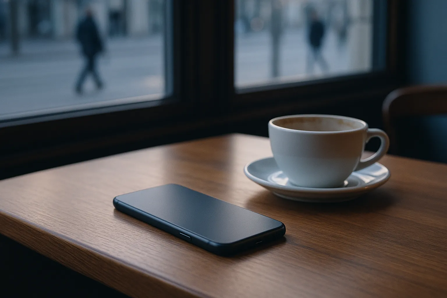 A smartphone lying face down on a cafe table beside a coffee cup in cool morning light, with blurred pedestrians walking past the window