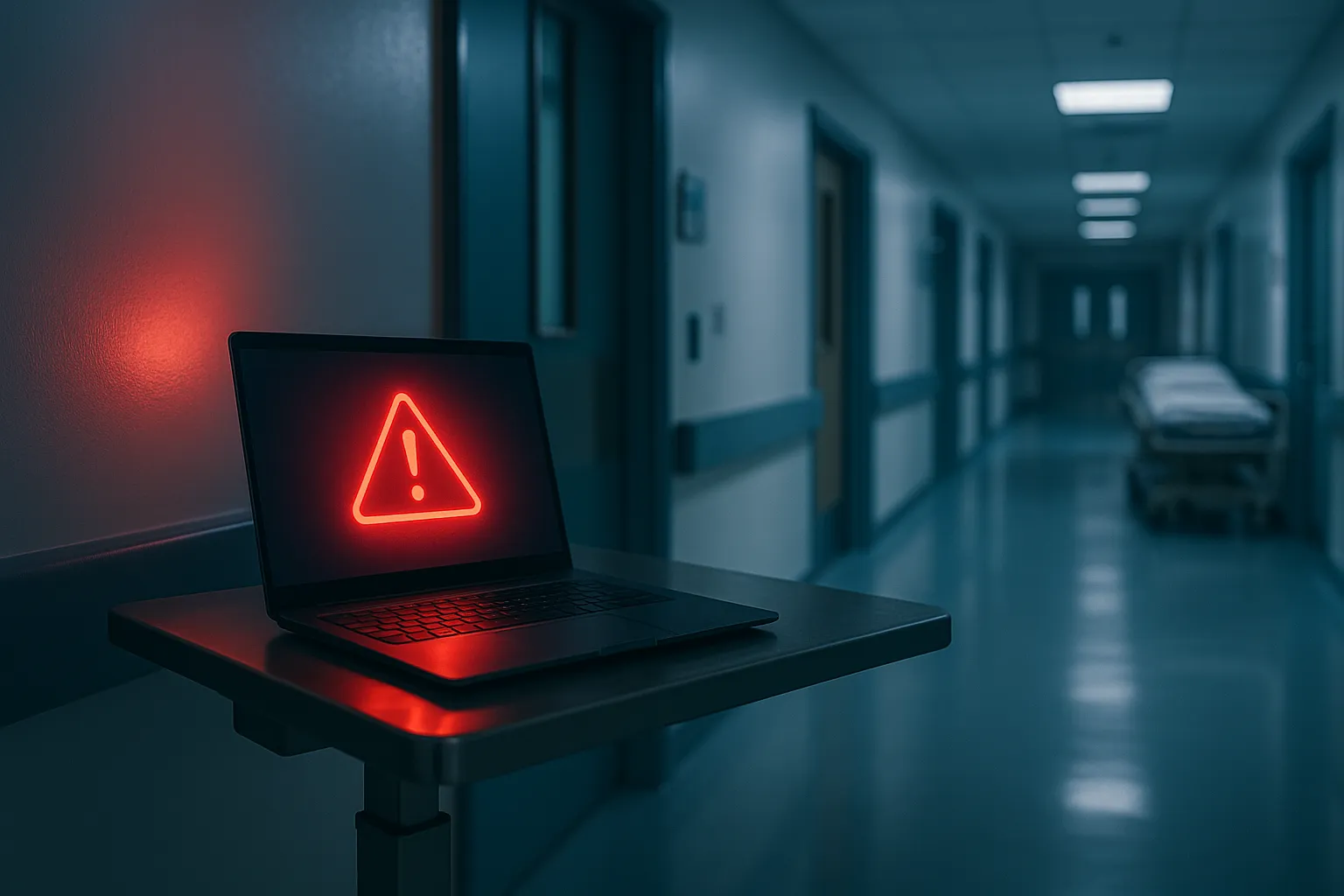 Hospital corridor with a laptop showing a security alert, representing the Xsolis healthcare data breach caused by a phishing attack