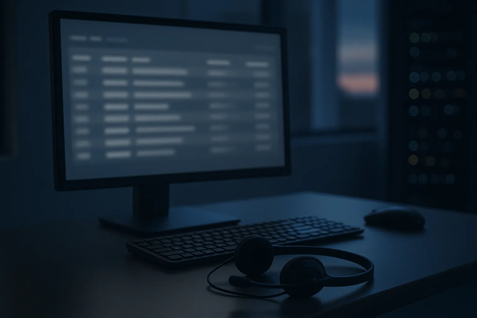 A support desk workstation at dusk with a monitor showing a blurred ticket queue, a headset resting beside the keyboard and server rack lights out of focus in the background