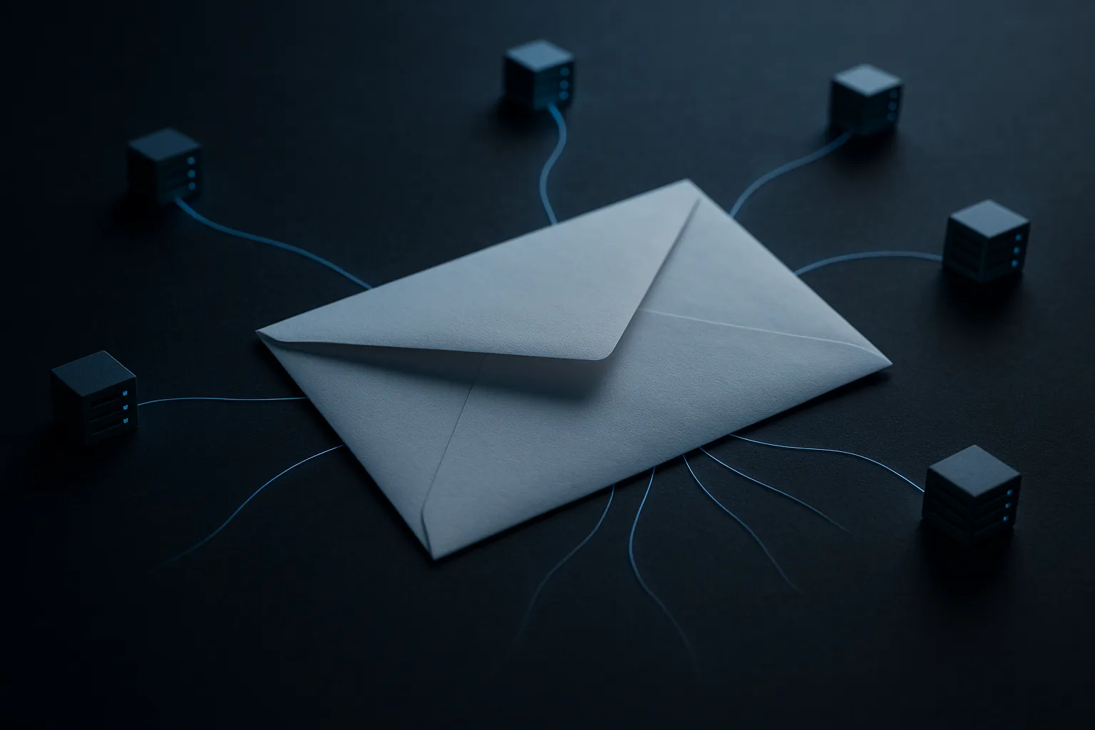 An abstract diagram-like photograph of an email message fanning out into multiple hidden tracking channels