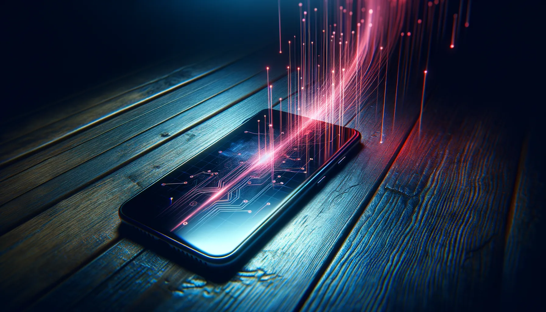 A smartphone lying on a dark desk with its screen glowing, casting an ominous red light, with shadowy digital tendrils reaching out from the screen representing spyware surveillance