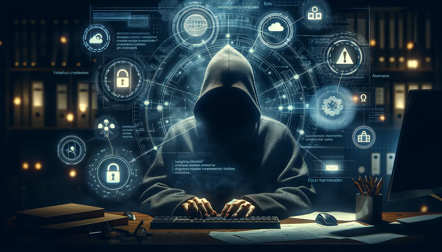 Shadowy figure at computer with corporate logos and file icons floating around them representing a single hacker targeting multiple organizations