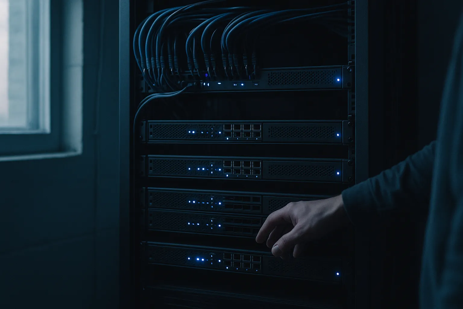 A dimly lit server rack in a small network closet with blue status lights on the front panels and a technician's hand reaching toward one of the units
