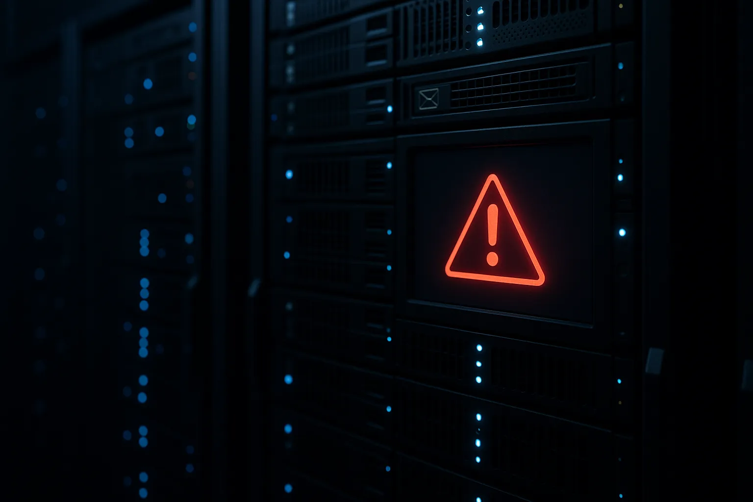 Server room with rows of email servers and a red alert warning on one screen